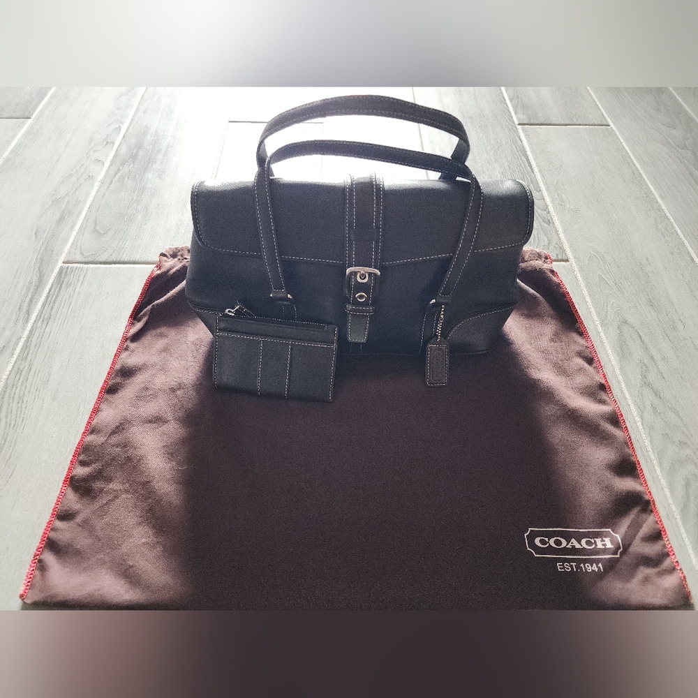 Coach Hampton Black Leather Satchel & Matching Wallet